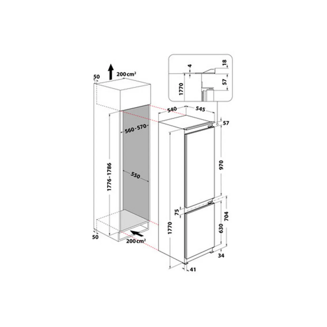 Built In 55cm Fridge Freezer Direct Cooling 70-30