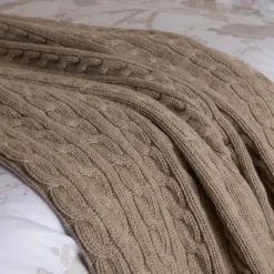 Cable Knit Beige Merino Bed Blanket