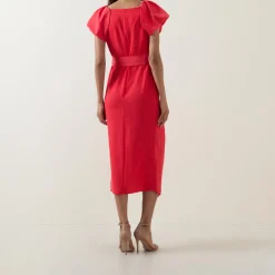 Della Puff-Sleeve Belted Asymmetric Dress