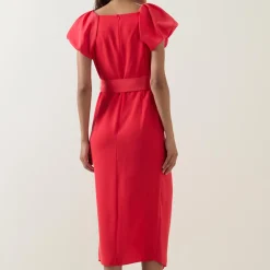 Della Puff-Sleeve Belted Asymmetric Dress