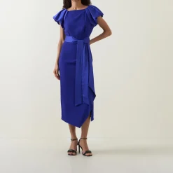 Della Puff-Sleeve Belted Asymmetric Dress