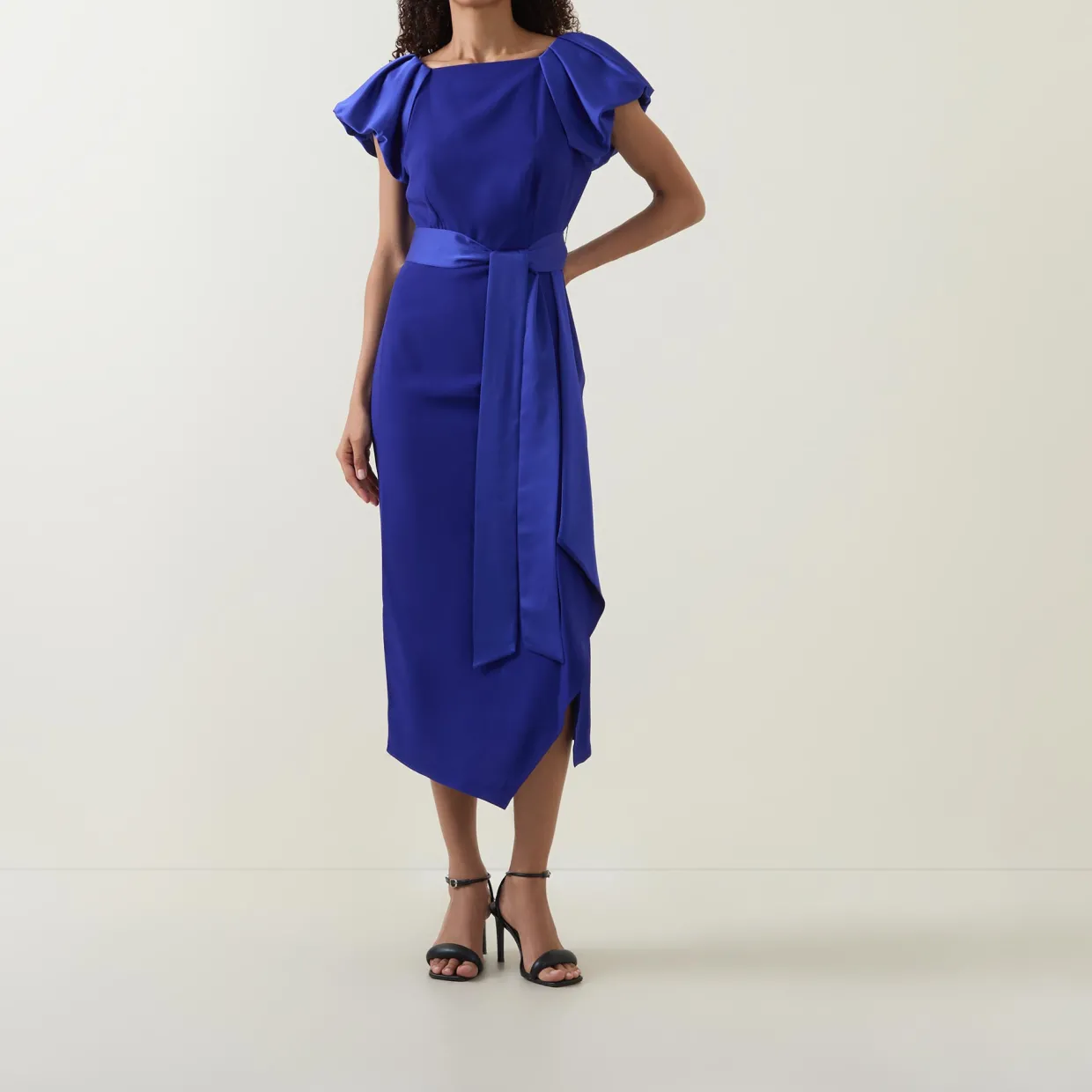 Della Puff-Sleeve Belted Asymmetric Dress