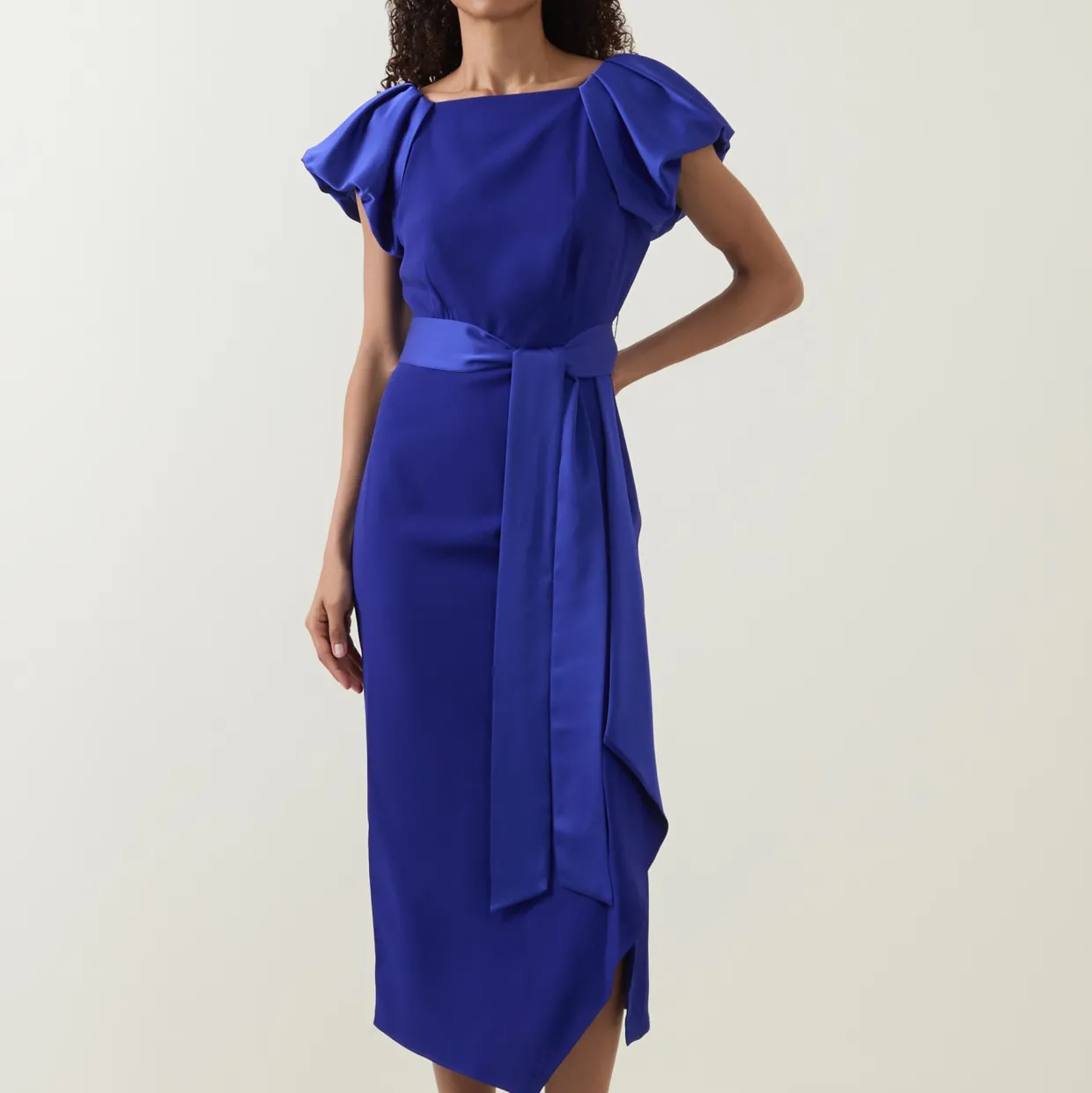 Della Puff-Sleeve Belted Asymmetric Dress