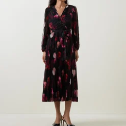 Floral Pleated Wrap Dress