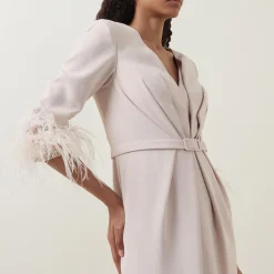 Gathered Feather-Trim Dress