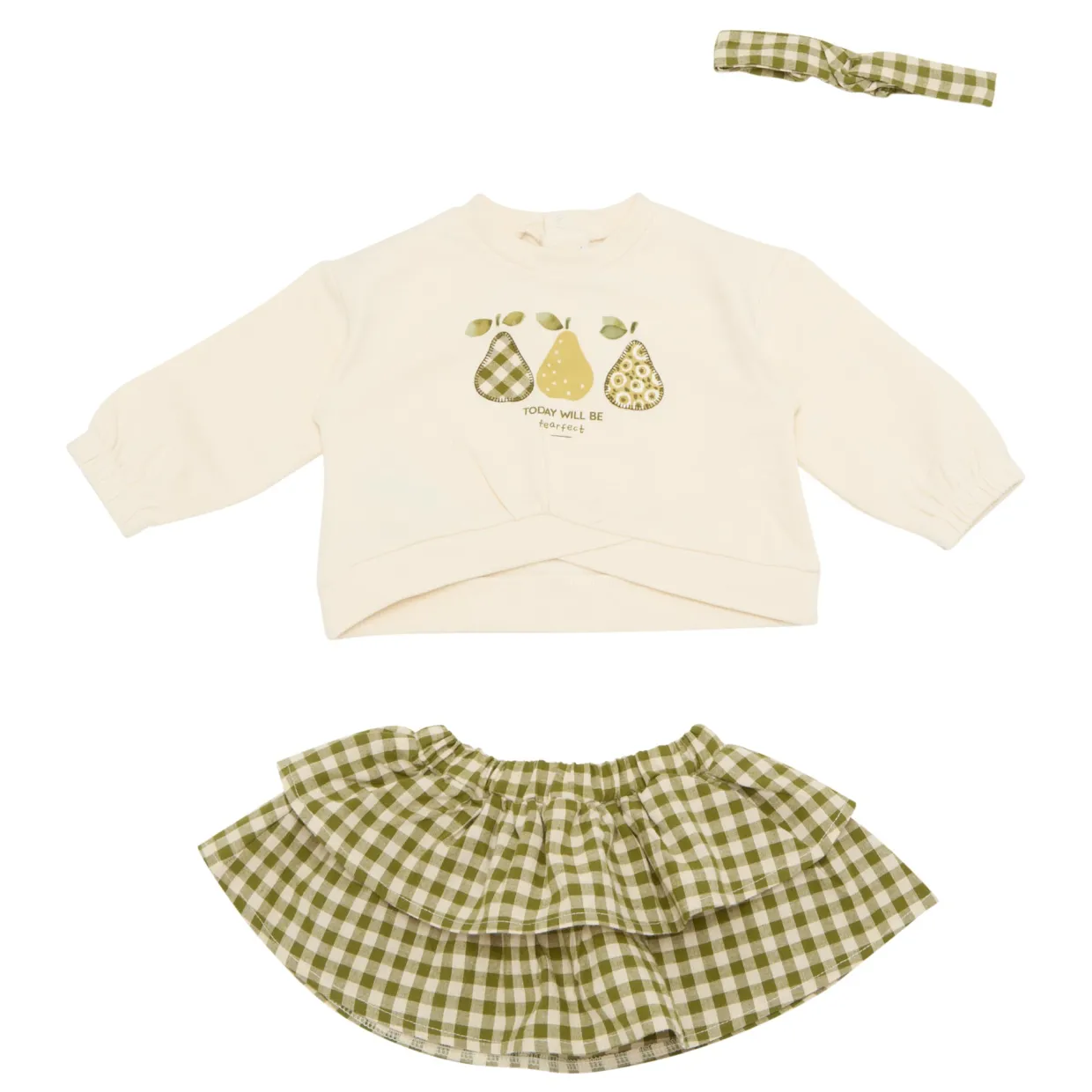 Gingham Skirt, Pear Sweatshirt & Bow Three-Piece Set