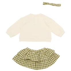 Gingham Skirt, Pear Sweatshirt & Bow Three-Piece Set