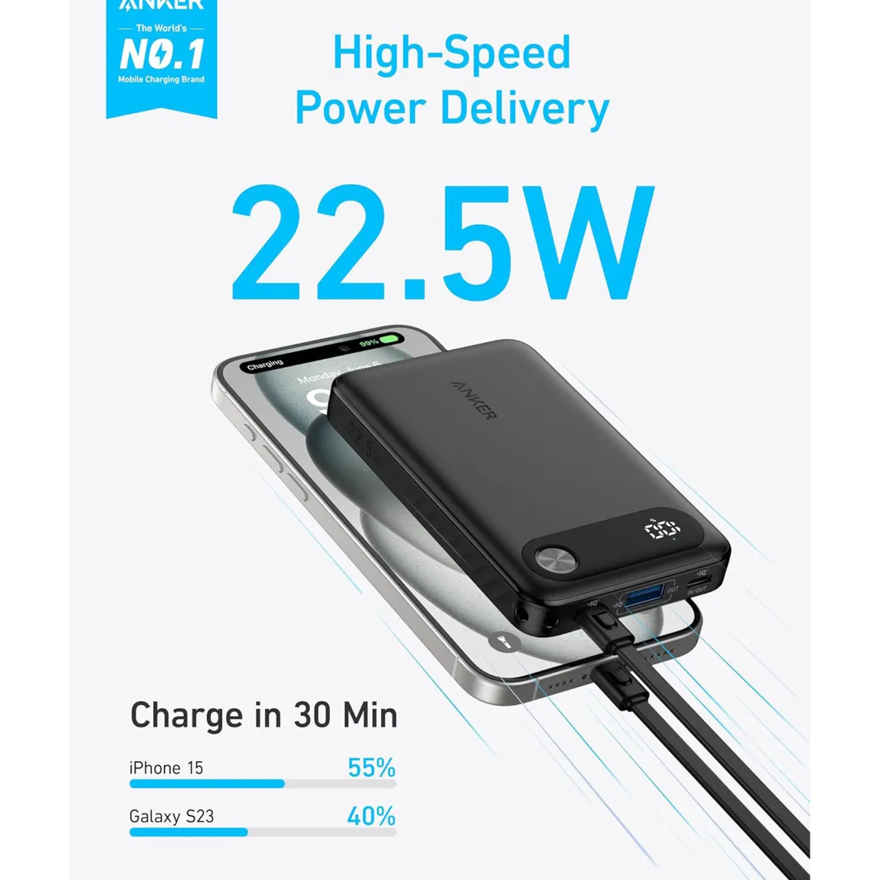 10K PD Power Bank with Usb C-C Cable 22.5 Watt Black