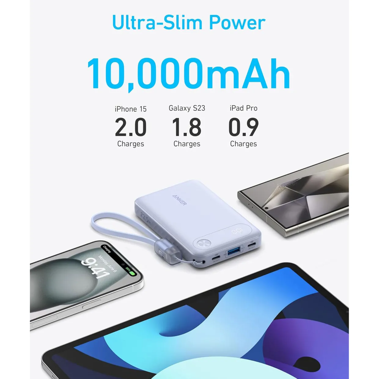 10K PD Power Bank with Usb C-C Cable 22.5 Watt Black