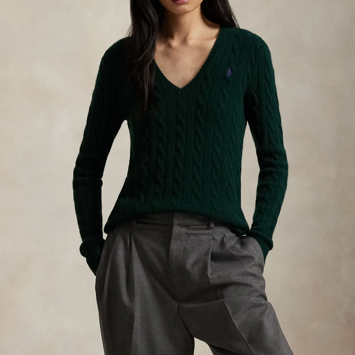 Kimberly Pony Player Logo Cable Knit Sweater