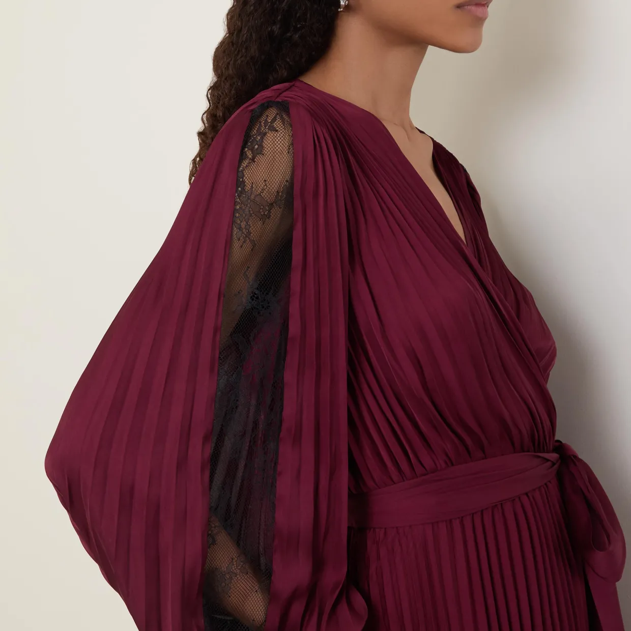 Lace-Sleeve Pleated Wrap Dress