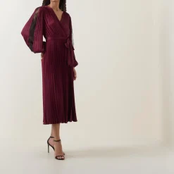 Lace-Sleeve Pleated Wrap Dress