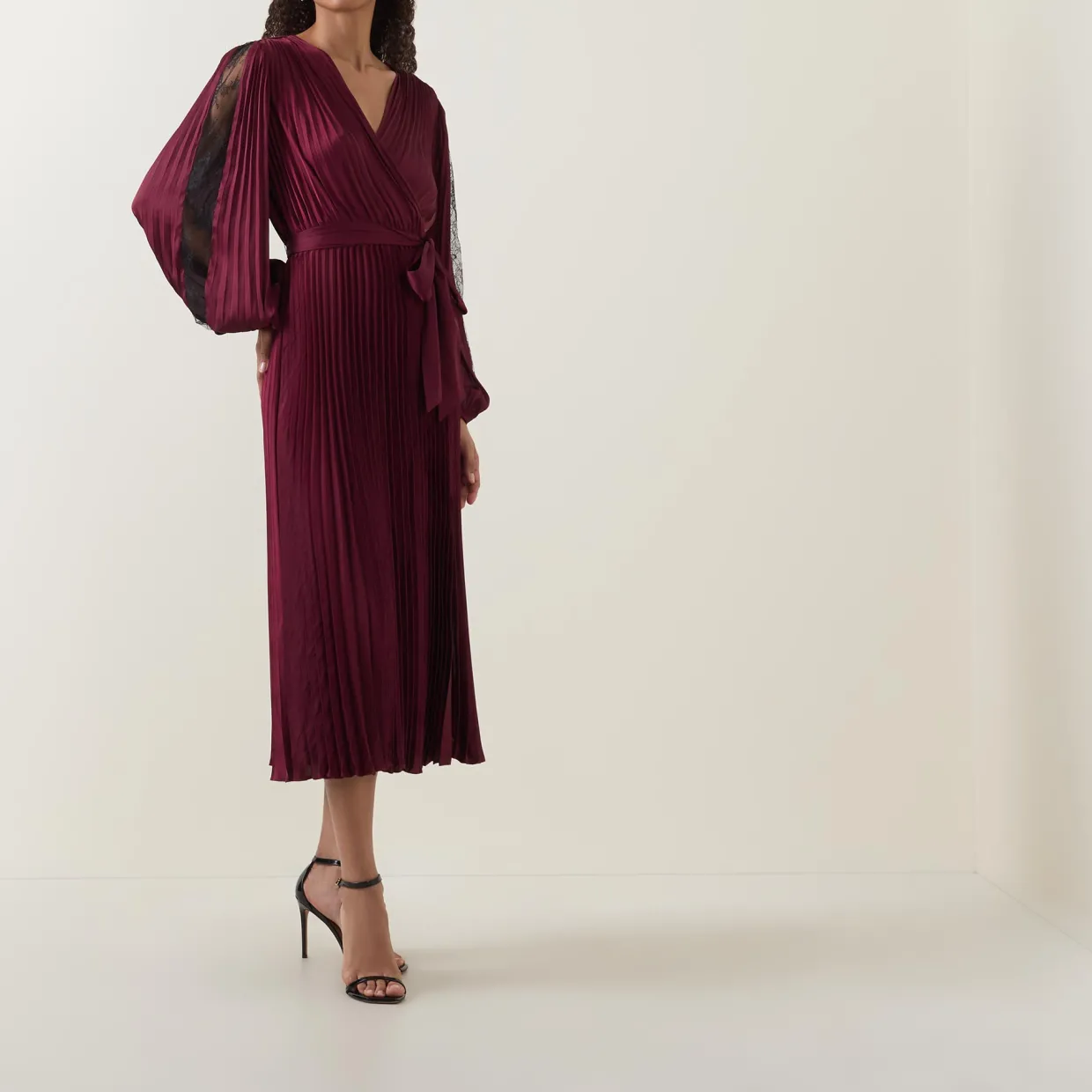 Lace-Sleeve Pleated Wrap Dress
