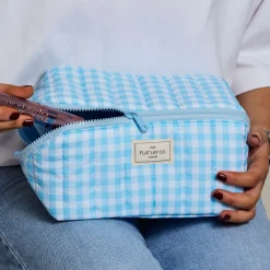 Marshmallow Flat Lay Makeup Box Bag - Baby Blue Gingham