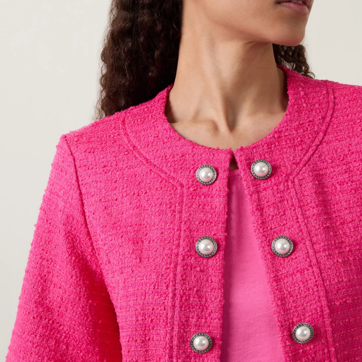 Ornate-Button Woven Tweed Jacket