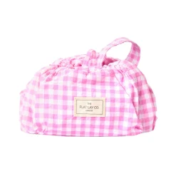 Parachute Drawstring Flat Lay Makeup Bag - Pink Gingham