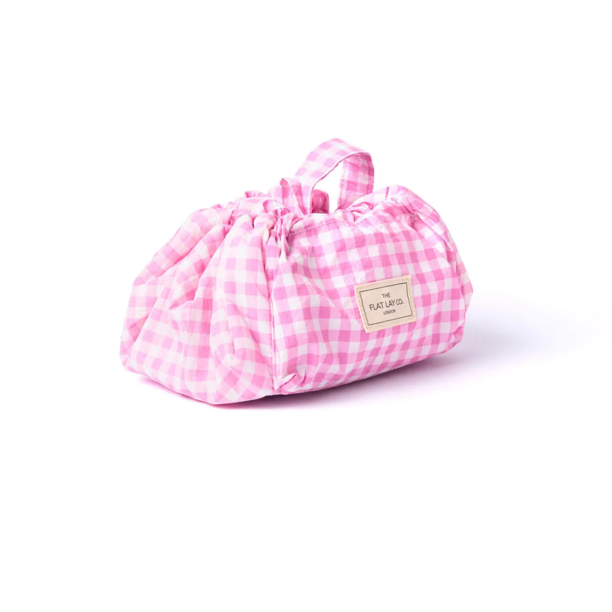 Parachute Drawstring Flat Lay Makeup Bag - Pink Gingham