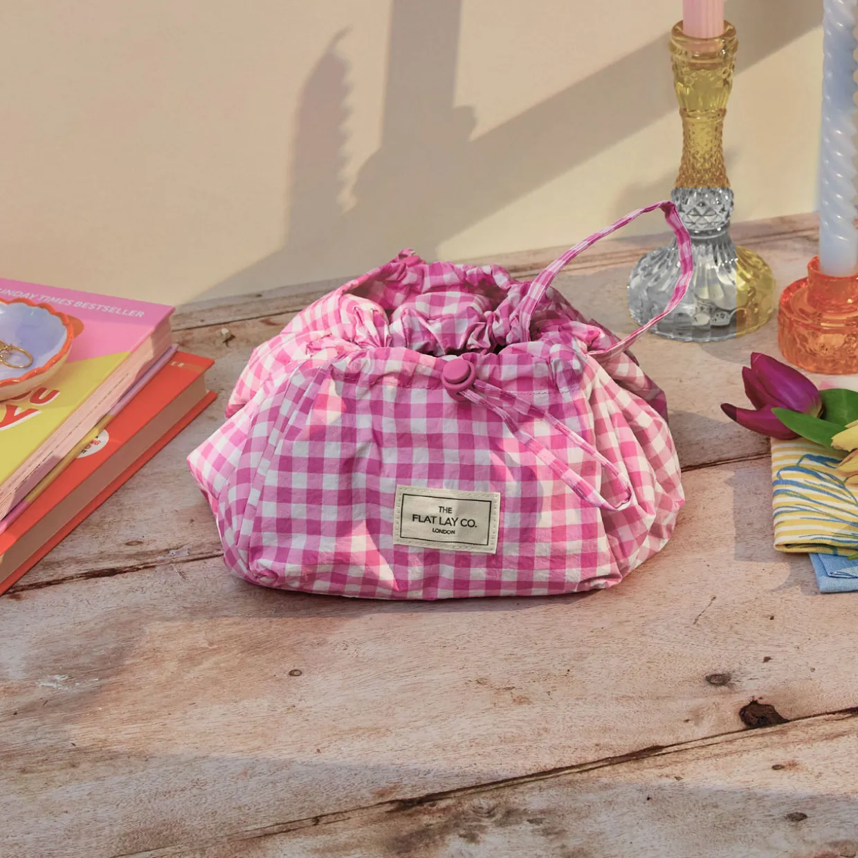 Parachute Drawstring Flat Lay Makeup Bag - Pink Gingham