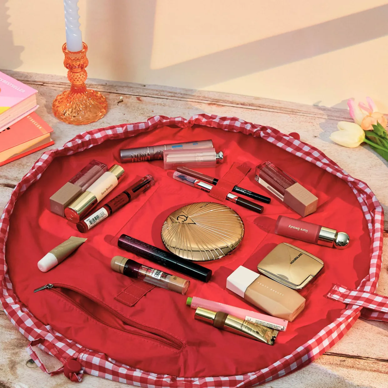 Parachute Drawstring Flat Lay Makeup Bag - Red Gingham