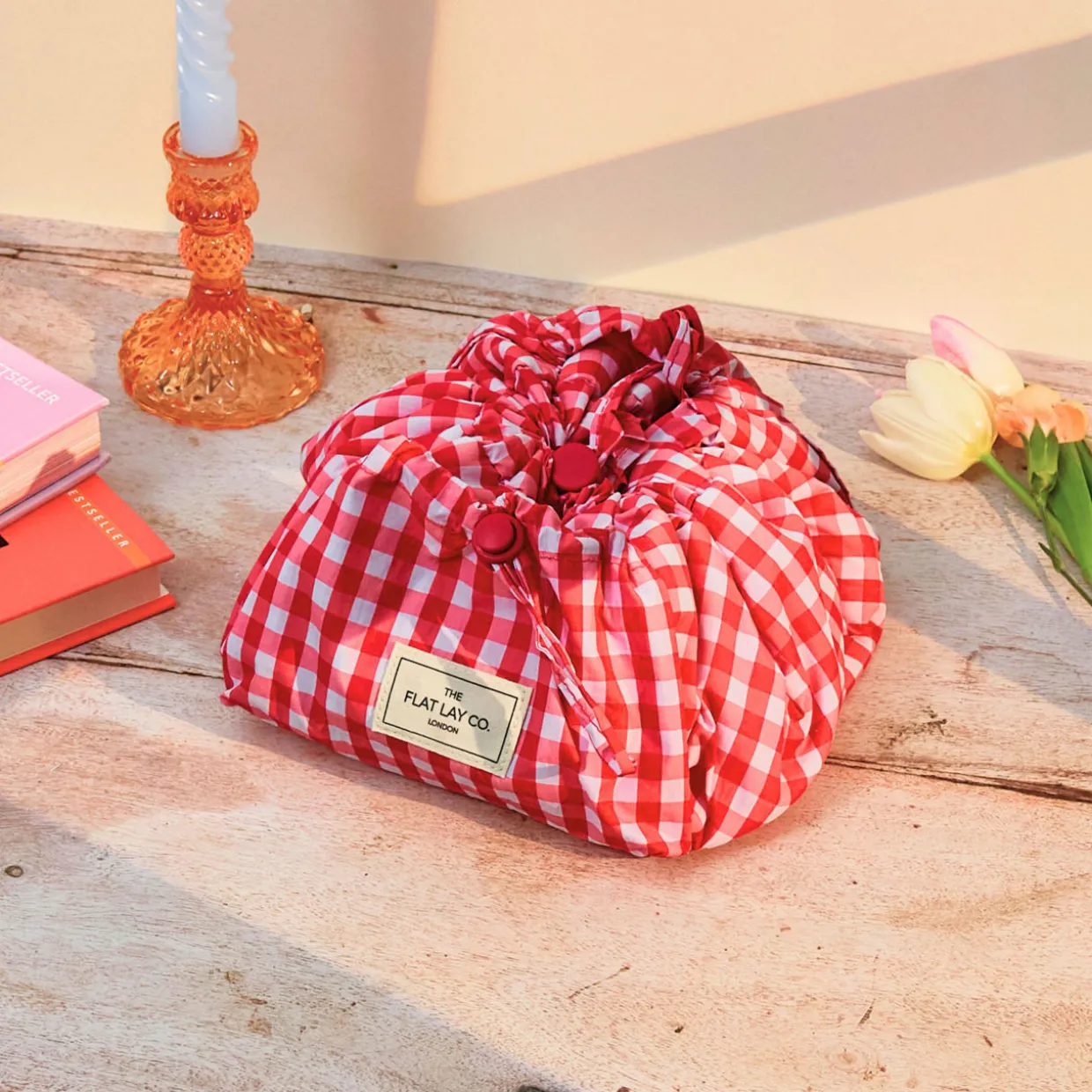 Parachute Drawstring Flat Lay Makeup Bag - Red Gingham