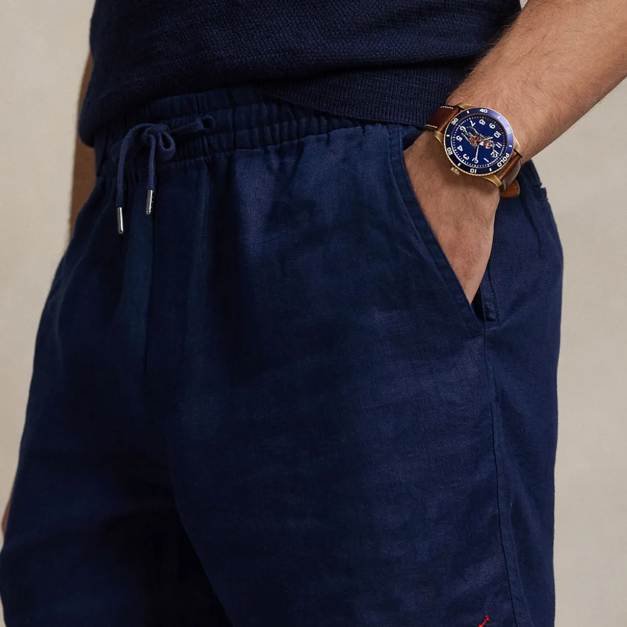 Polo Player Logo Drawstring Linen Shorts