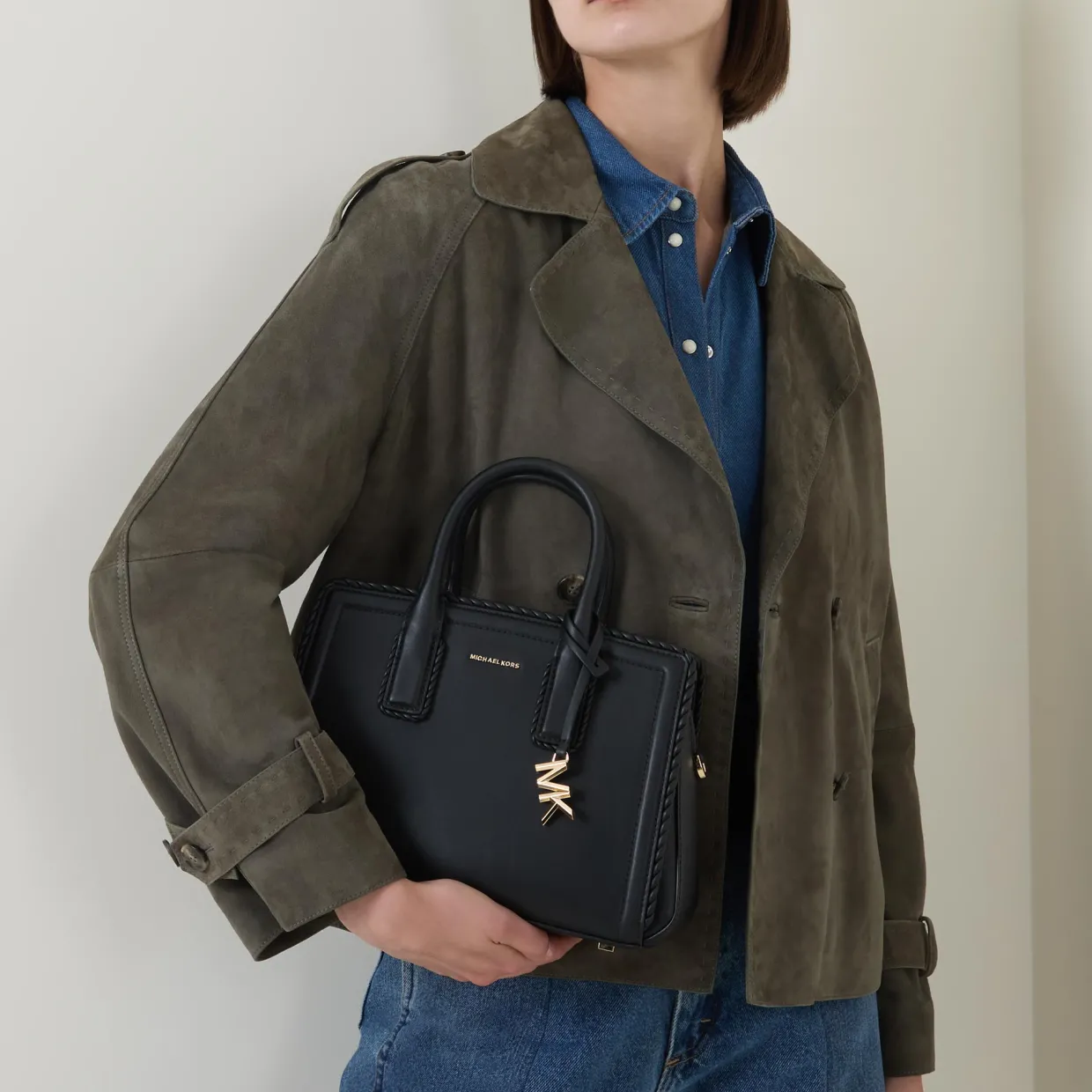 Small Woven-Trim Leather Satchel