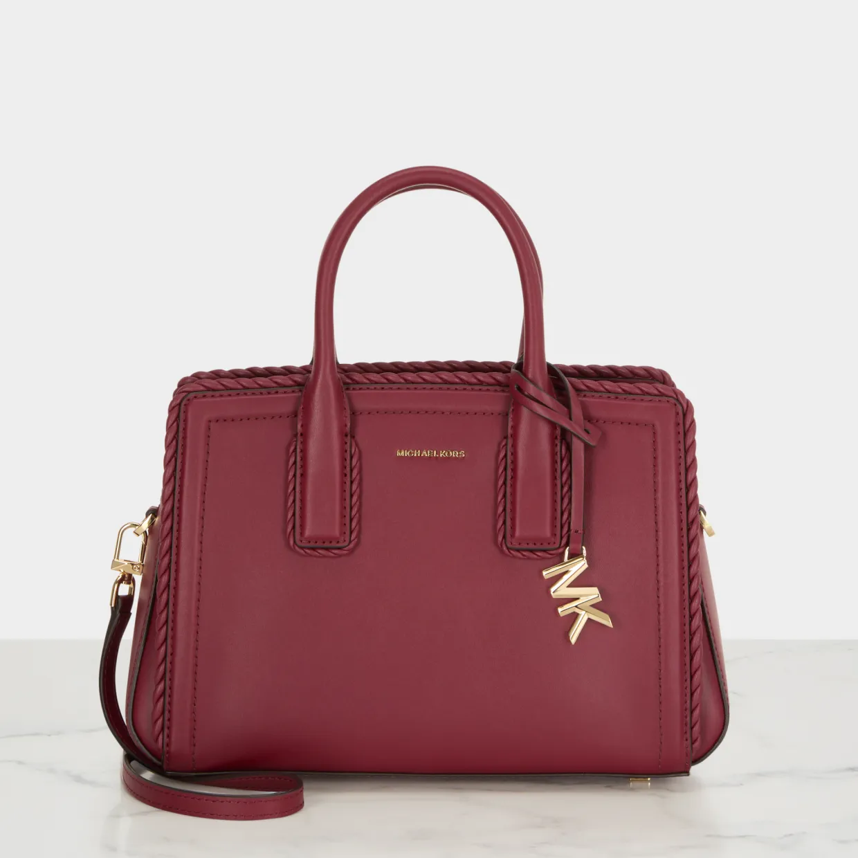 Small Woven-Trim Leather Satchel
