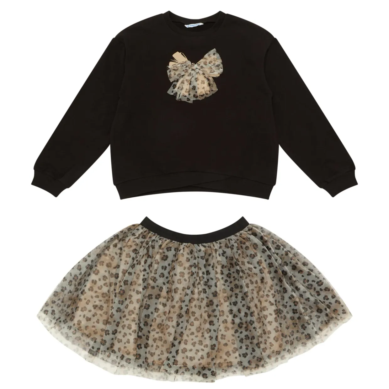 Two-Piece Bow-Detail Sweatshirt & Leopard Print Skirt Set